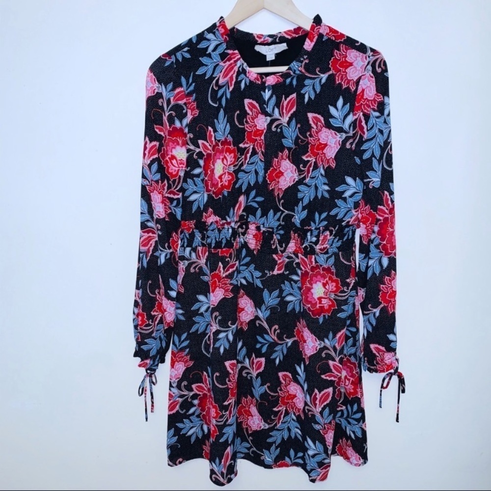 LOFT Floral Print Smocked Flare Long Sleeve Dress